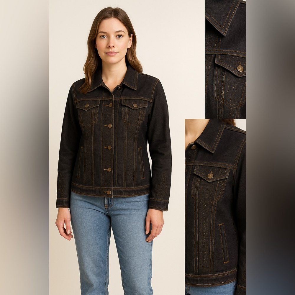 Laura Ashley brown beaded embroidered button up jean jacket, size M